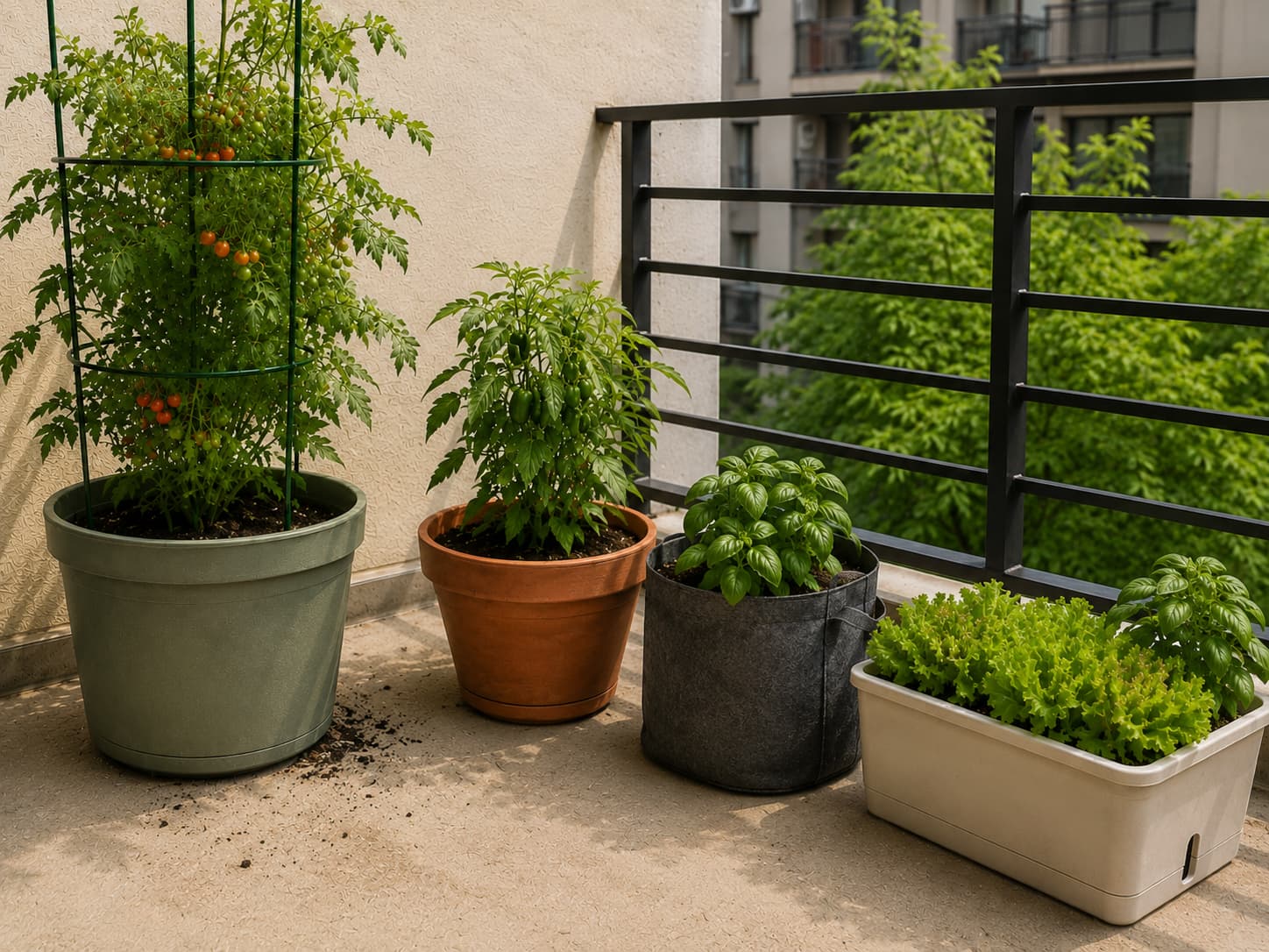 Terracotta, plastic, fabric and self-watering containers used for vegetables on the same apartment balcony.