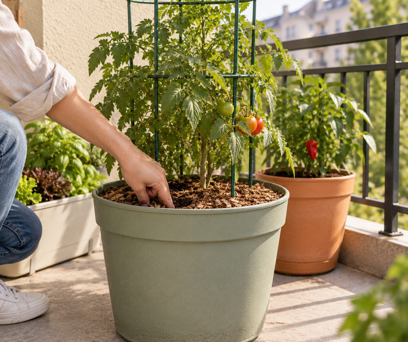 Gardener checking the potting mix moisture in a balcony tomato container before watering.
