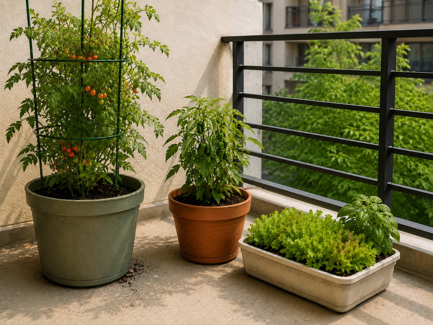 Lettuce, pepper and tomato plants shown in progressively larger balcony containers suited to their mature size.