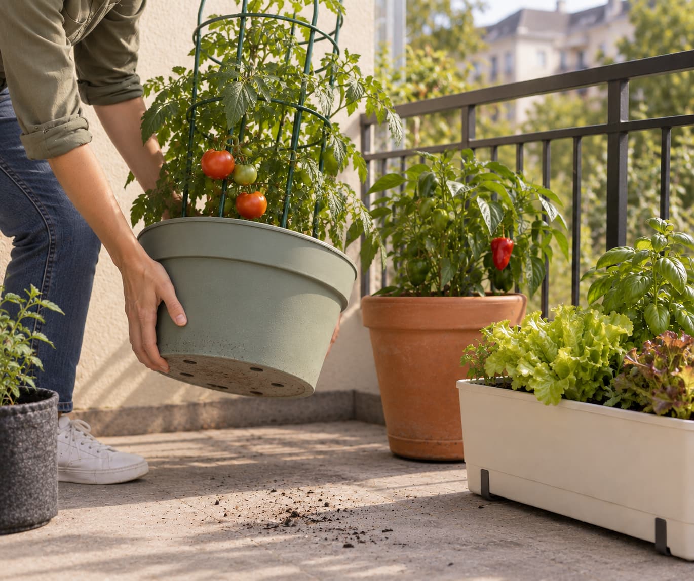 Gardener lifting a balcony vegetable pot slightly to check that the drainage holes underneath are clear.