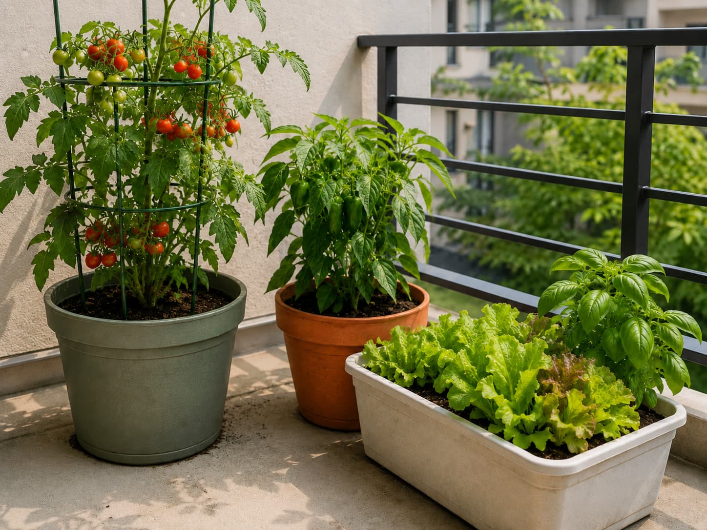 Tomato, pepper, lettuce and basil growing in different container sizes on a small apartment balcony.