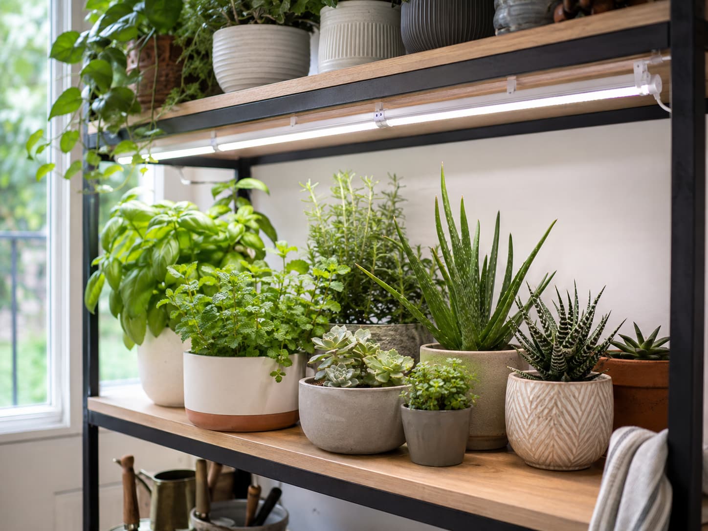 Barrina T5 grow light bars mounted beneath a plant shelf above potted herbs and succulents.