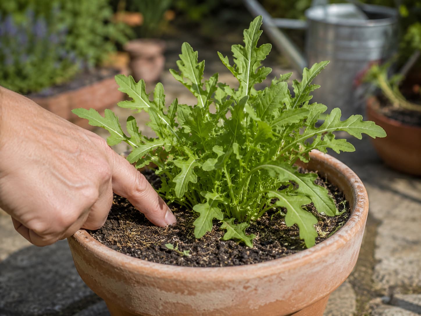 Gardener checking the potting mix around healthy container-grown arugula before watering in warm weather.