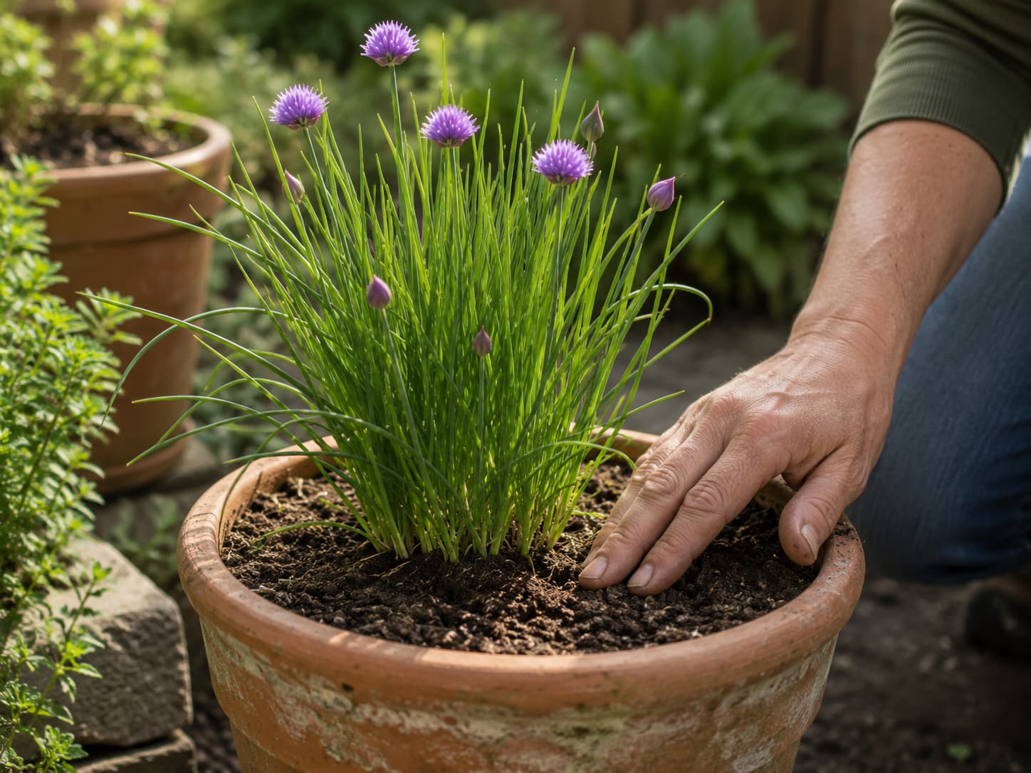 Gardener checking potting mix moisture around a healthy container-grown chive clump before watering.