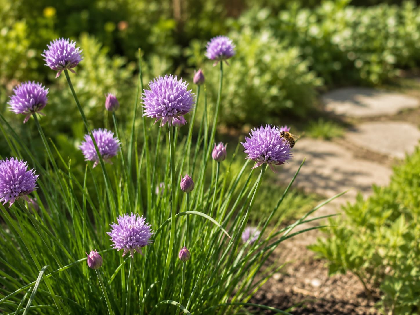 Purple chive flower heads in bloom with a visiting bee, showing edible flowers left for pollinators.