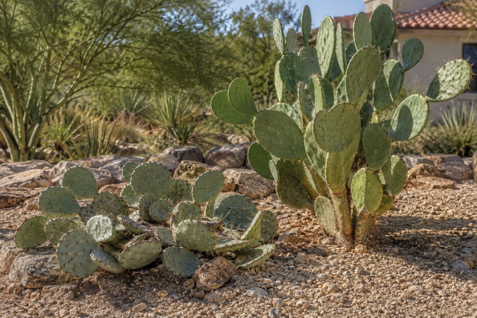 Comparison of a low-growing cold-hardy eastern prickly pear and a taller warm-climate Indian fig prickly pear.