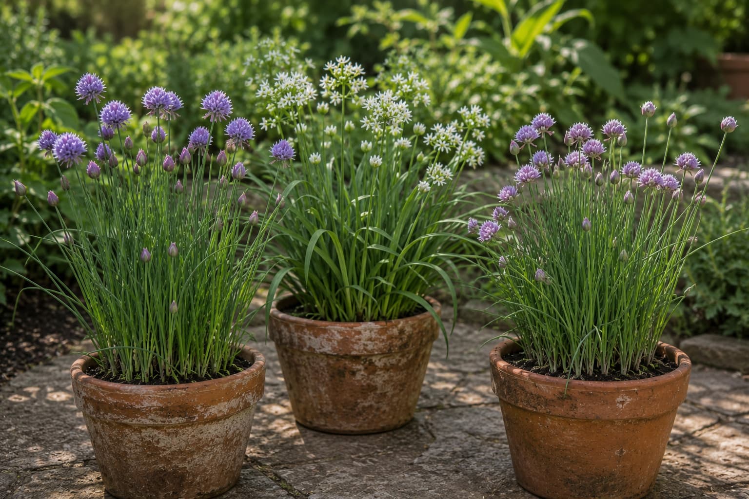 Comparison of common chives, garlic chives, and Profusion chives showing differences in leaf shape and flower color.