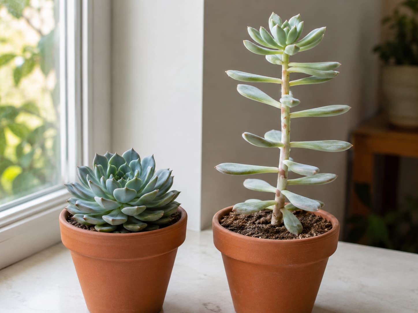 Side-by-side comparison of a compact healthy Echeveria and a stretched etiolated Echeveria with a long stem.