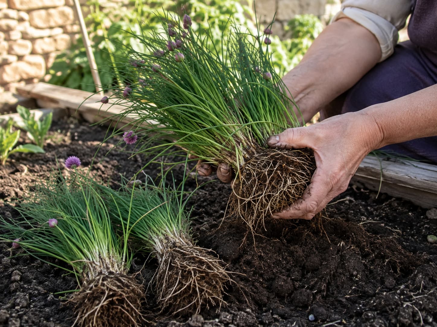 Overcrowded chive clump being divided by hand into smaller rooted sections for replanting.