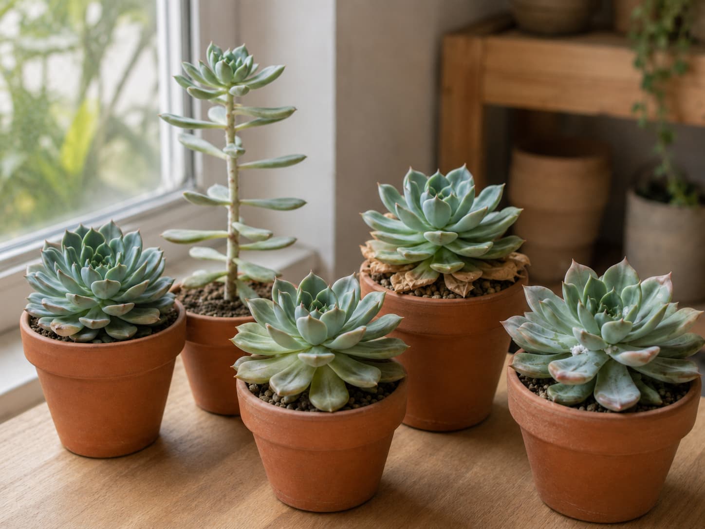 Comparison of succulent symptoms including stretched growth, soft lower leaves, dry lower leaves, sun scorch, and mealybugs.