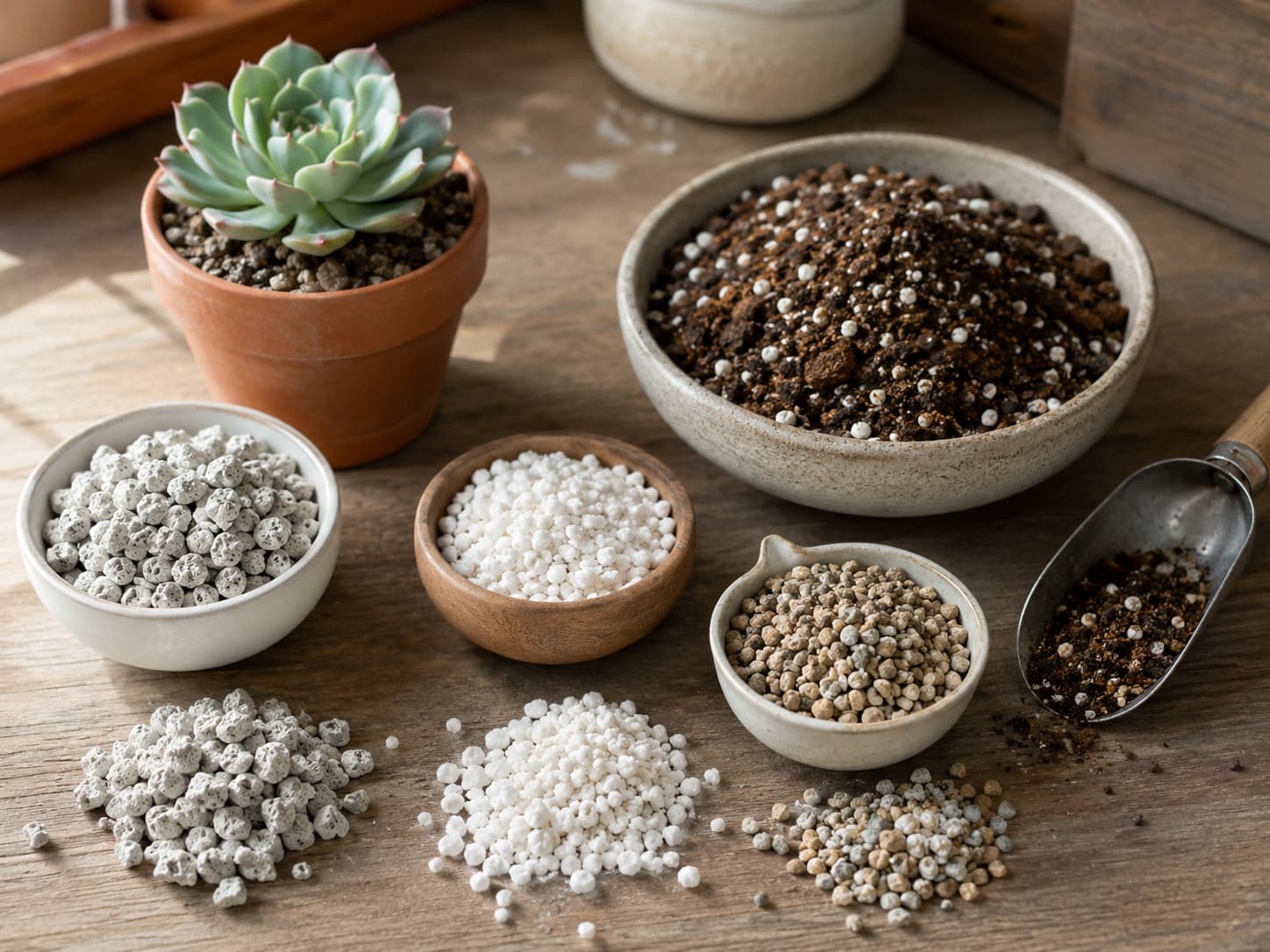 Cactus potting mix, pumice, perlite, and horticultural grit arranged as free-draining soil components.
