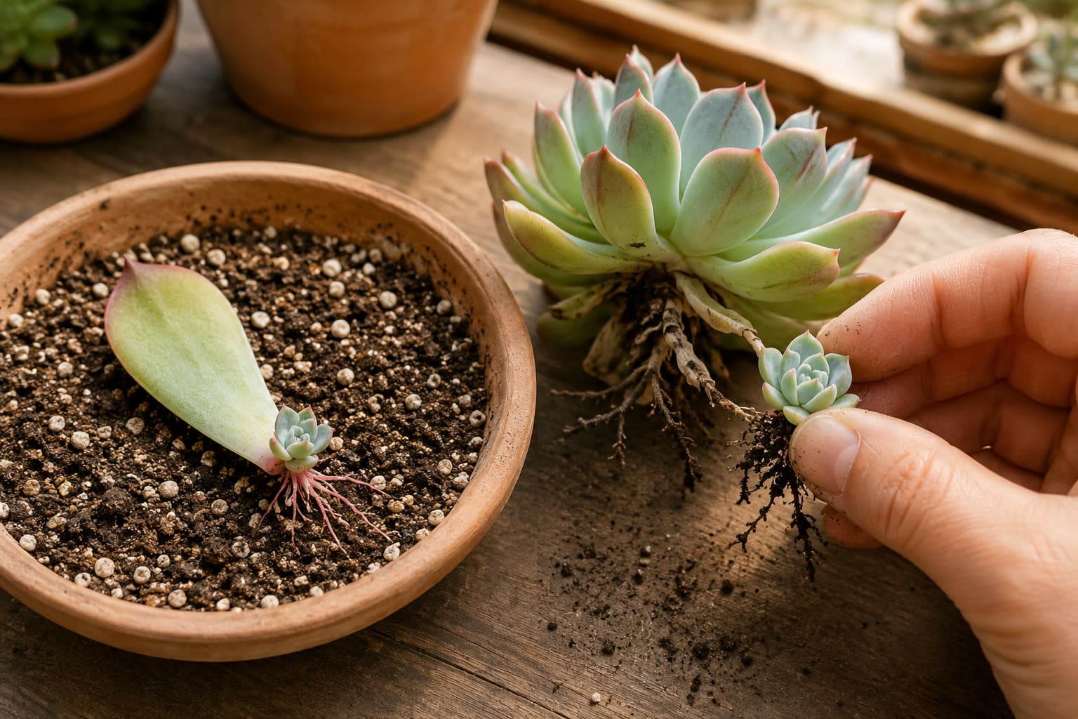 Succulent propagation showing an intact leaf cutting developing roots and a small offset being separated from the parent plant.