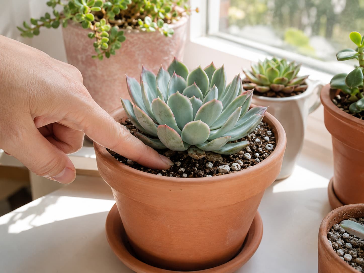 Gardener checking dry succulent potting mix before watering a terracotta pot with drainage.
