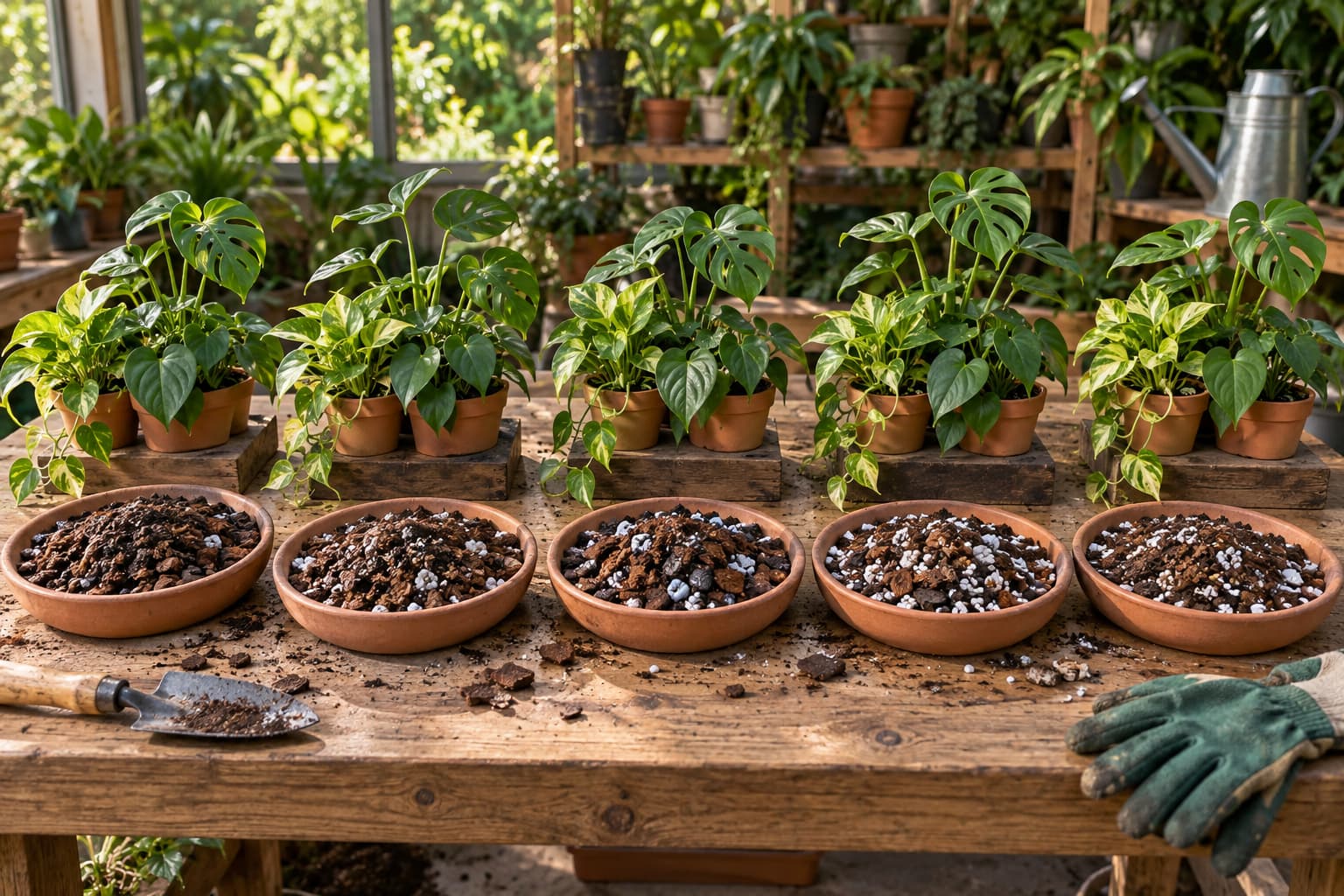 Illustrative comparison of aroid plants grouped by five different potting mix ratios on the same indoor growing bench.