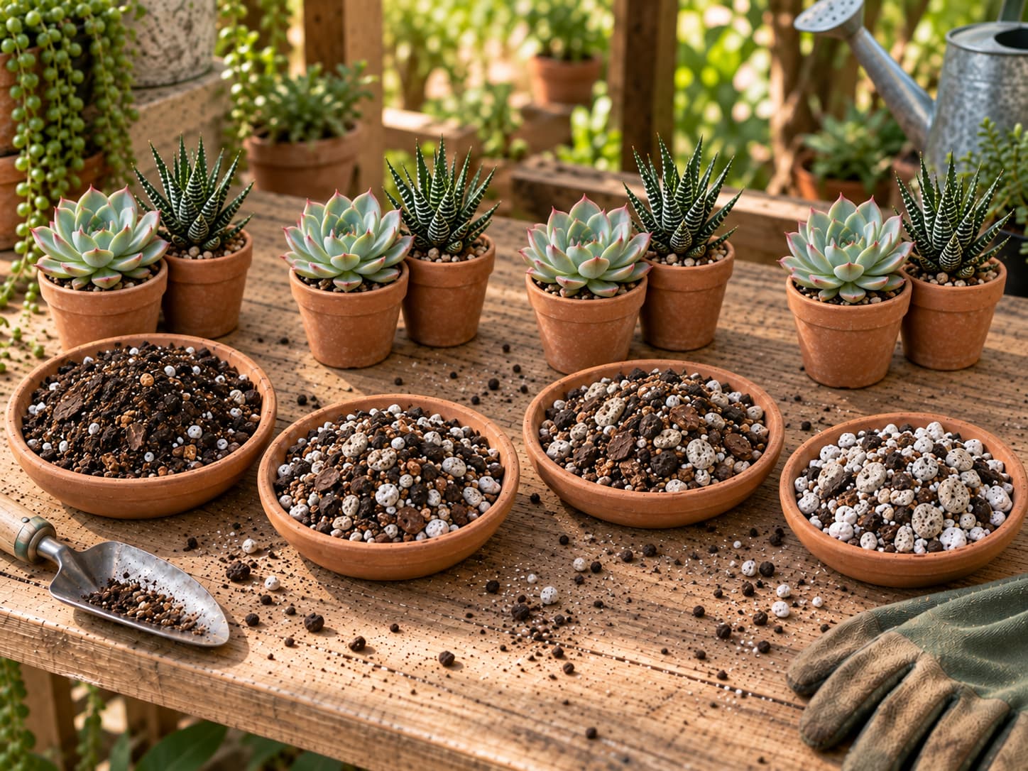 Illustrative home trial with four comparable groups of Echeveria and Haworthia behind four different finished succulent potting mixes on the same growing bench.