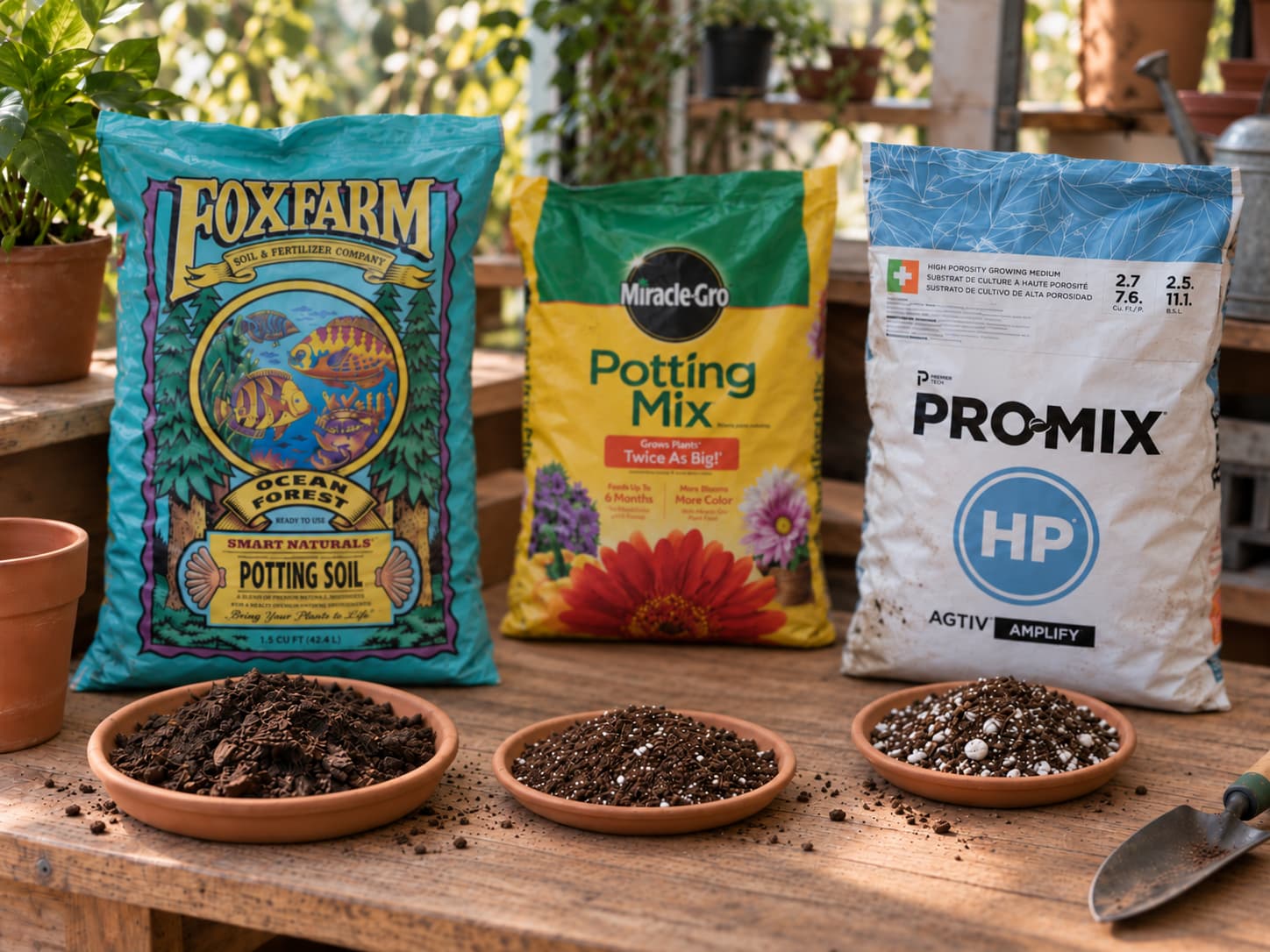Three branded growing media bags arranged on a home potting bench with separate substrate samples.
