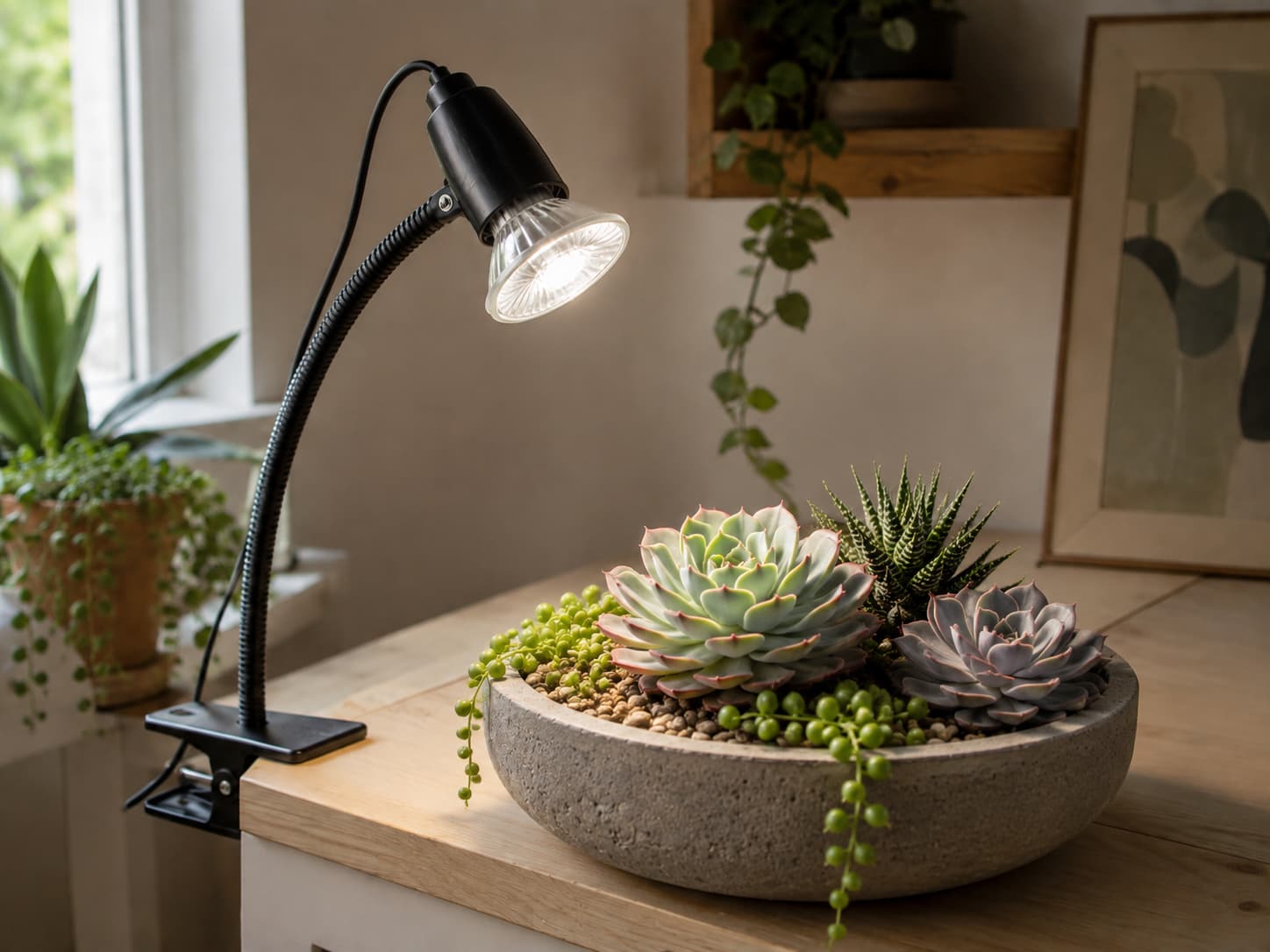 GE PAR38 grow light bulb in a clamp fixture aimed at a compact echeveria and succulent arrangement.