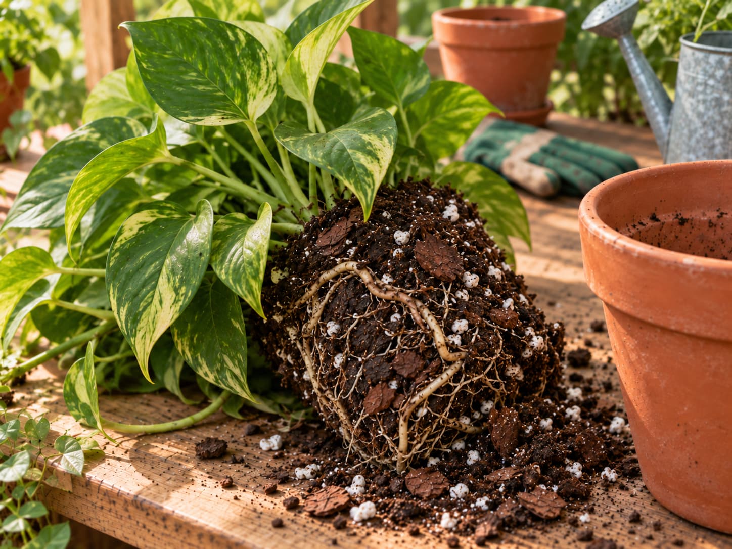 Healthy Golden Pothos roots growing through a chunky potting medium containing bark, perlite, and dark potting mix.