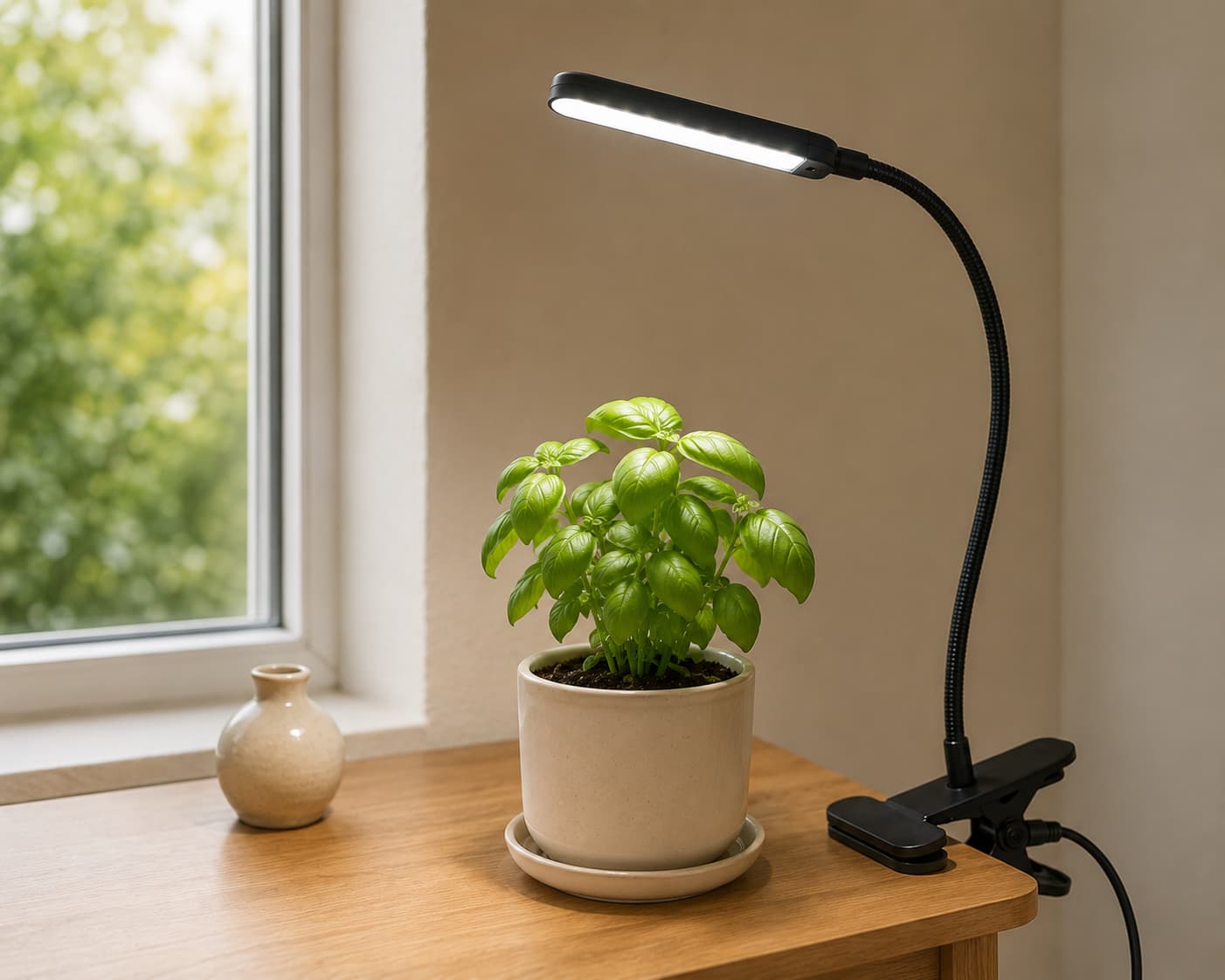 GooingTop clip-on grow light positioned over a small basil plant on a home desk.