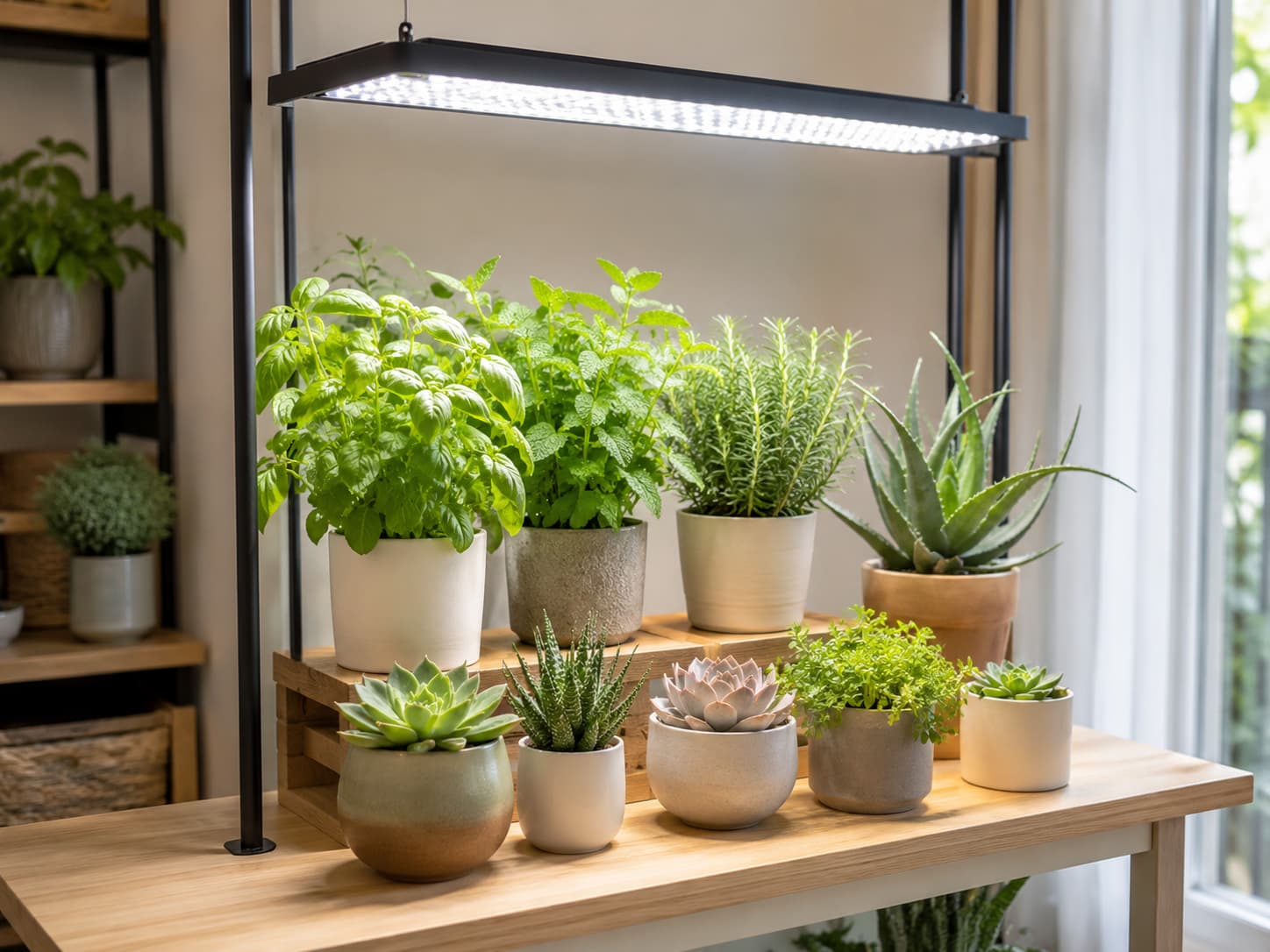 Grow light positioned above potted herbs and succulents at different heights to illustrate leaf-level intensity and coverage.