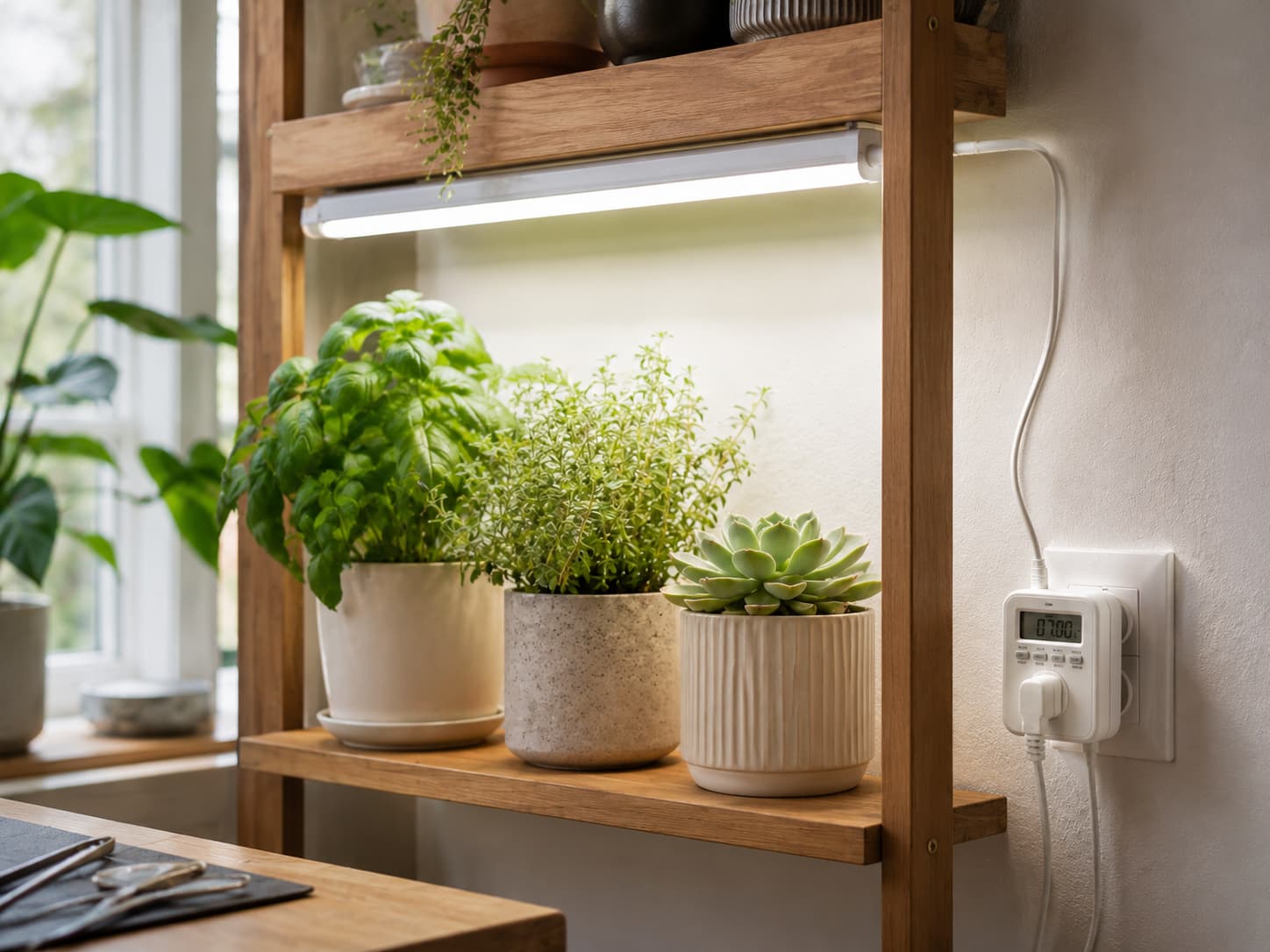 Simple outlet timer controlling an indoor grow light schedule beside a plant shelf.