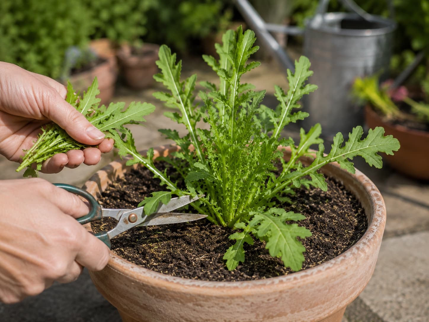 Gardener harvesting outer arugula leaves while leaving the central growing point intact for continued growth.