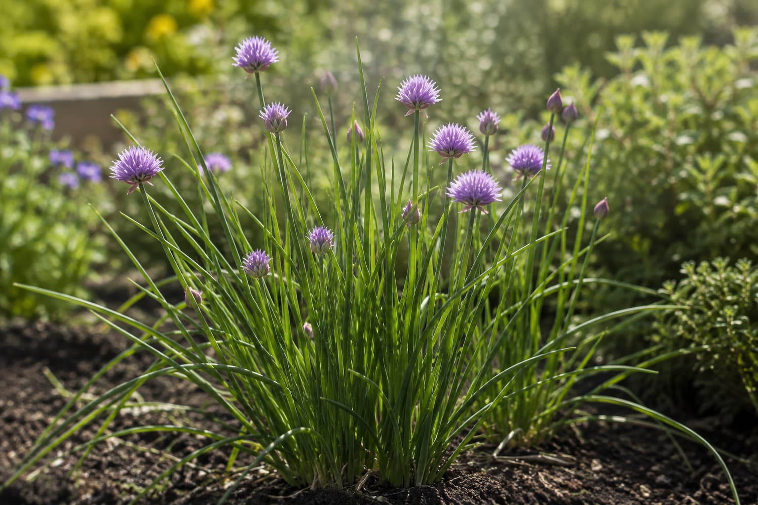 Healthy common chives growing in a dense green clump with purple flowers and unopened buds in a sunny herb garden.