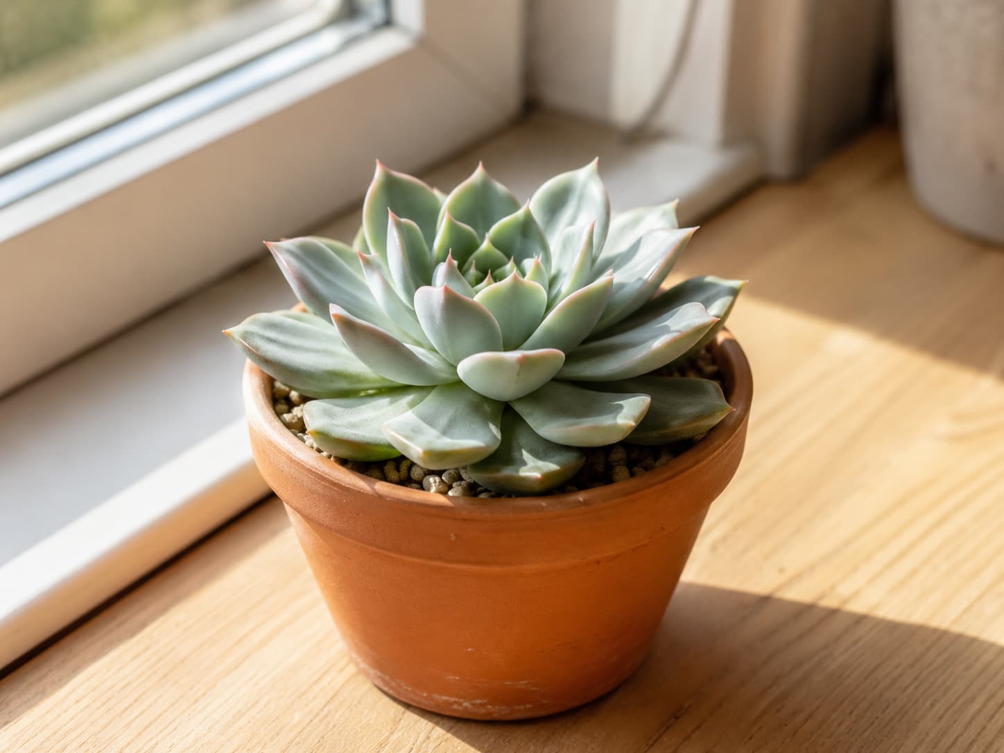 Healthy compact Echeveria rosette growing in a small terracotta pot in bright indoor light.