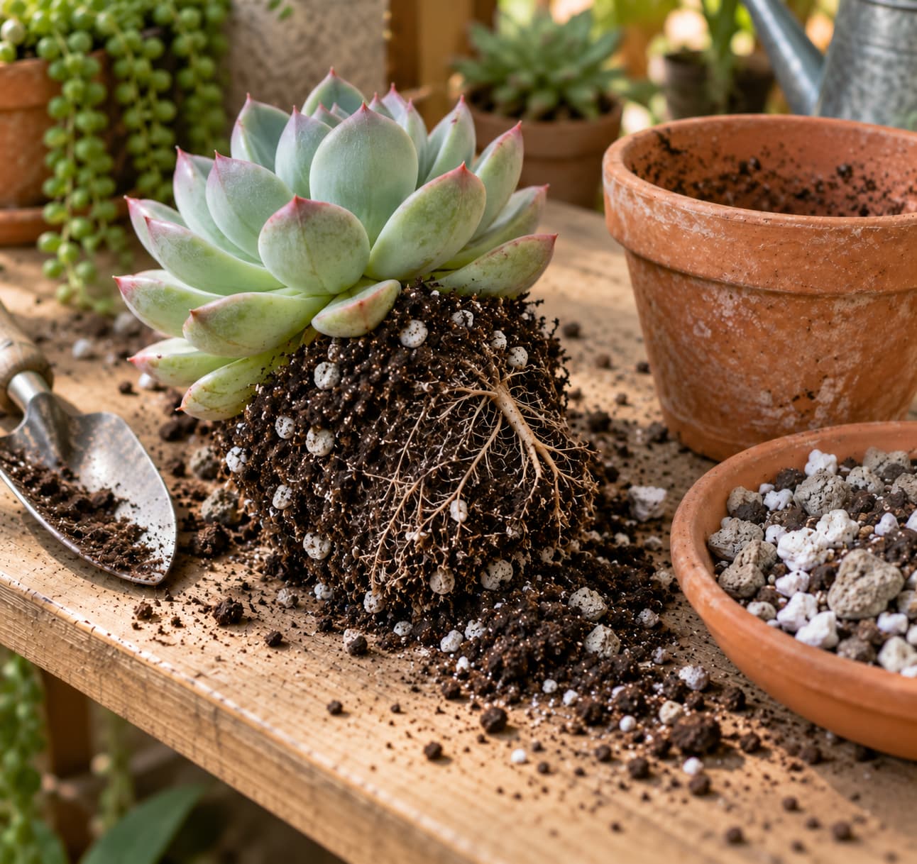 Healthy succulent roots surrounded by a porous mix of potting medium, pumice, perlite, and coarse mineral particles.