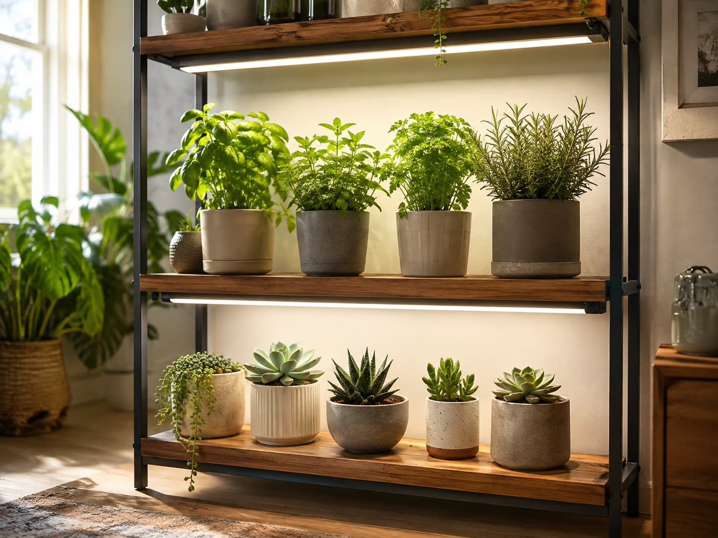 Indoor herb and succulent shelf lit by full-spectrum grow lights in a bright home setup.