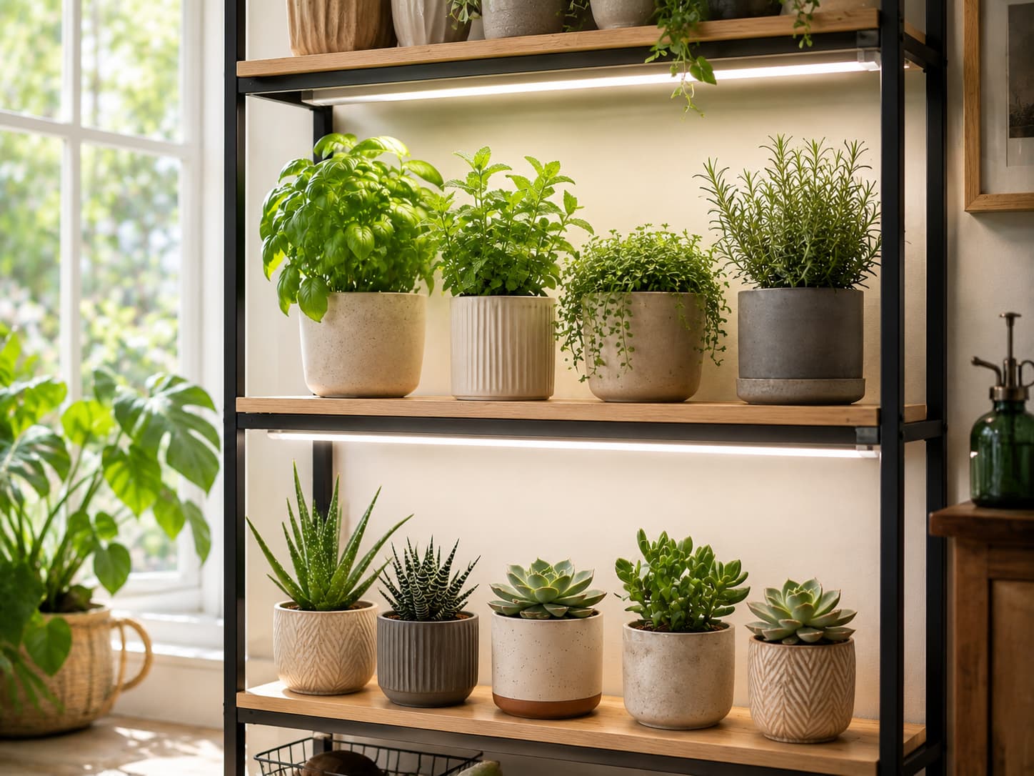 Finished indoor herb and succulent grow-light setup with evenly spaced plants on a bright home shelf.