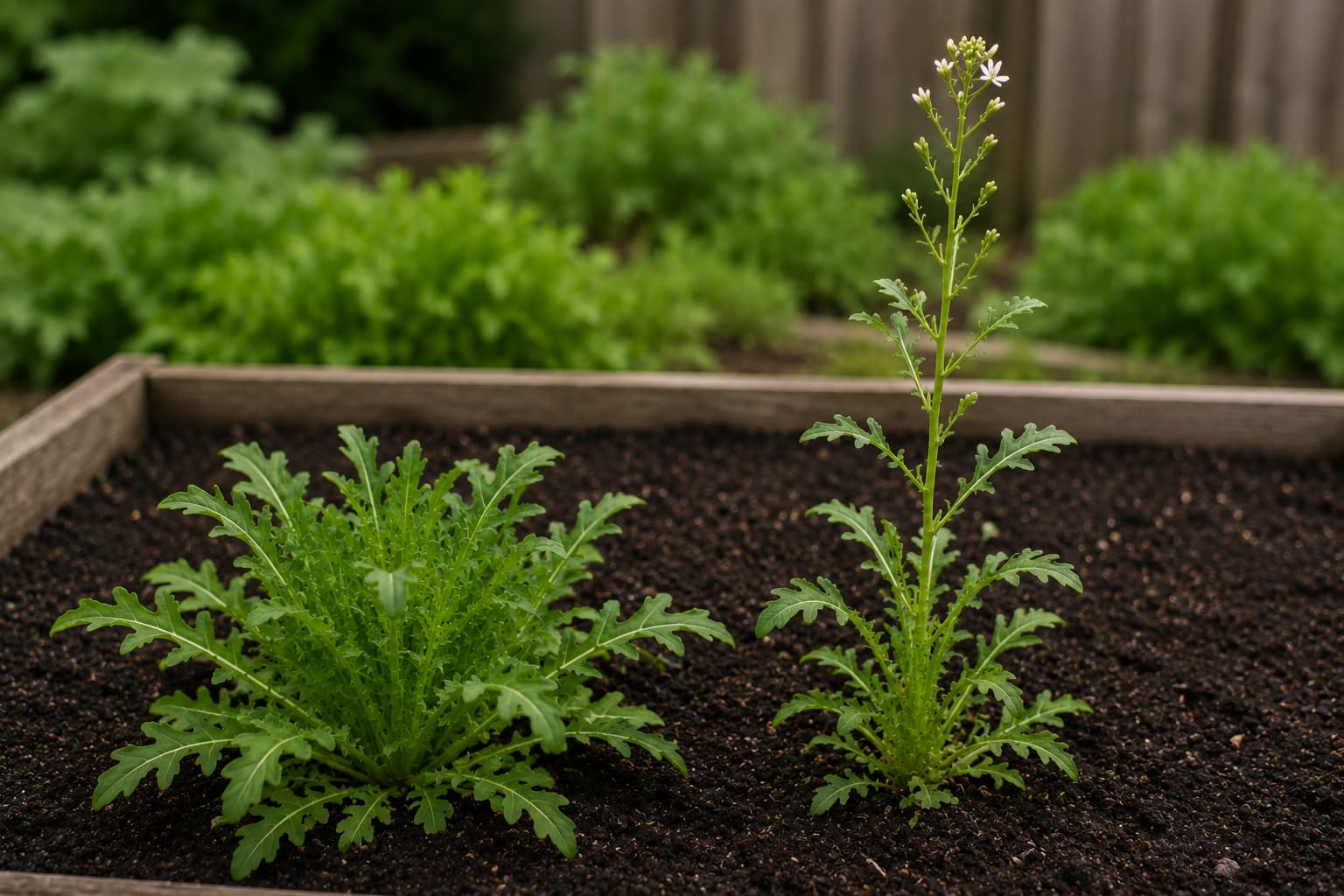 Comparison of leafy salad arugula and a bolting arugula plant developing a taller central flower stalk.