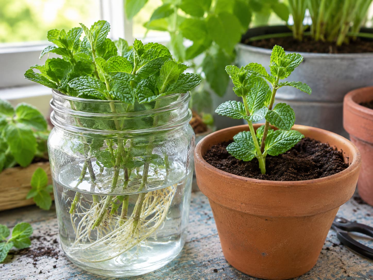 Mint stem cuttings rooting in water beside a newly potted rooted cutting.