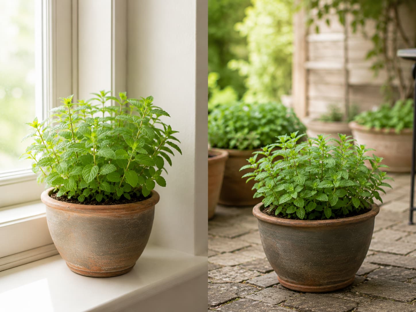 Healthy mint growing in a bright indoor window and in a shaded outdoor patio container.