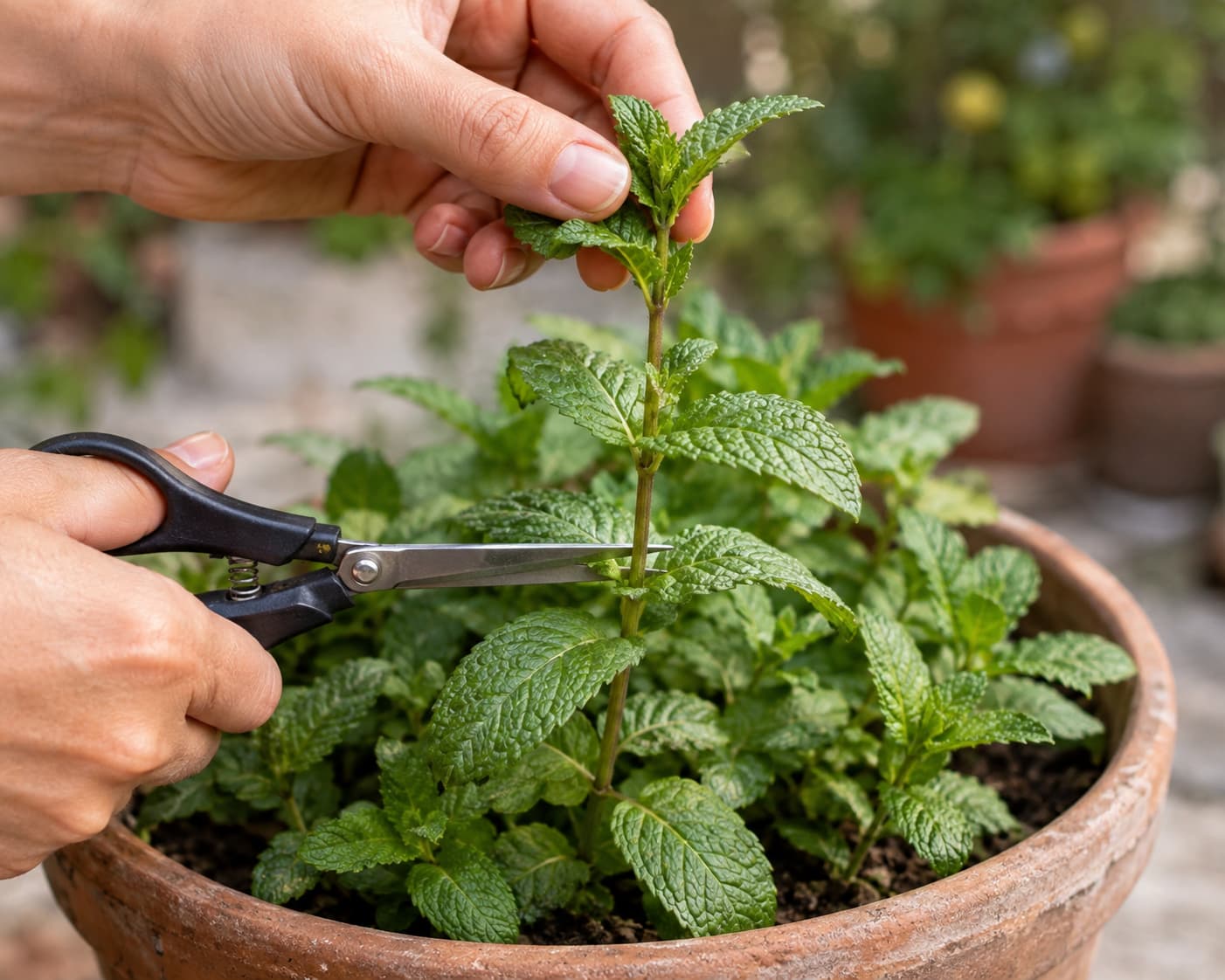 Mint stem being cut just above a healthy leaf node for pruning and harvest.