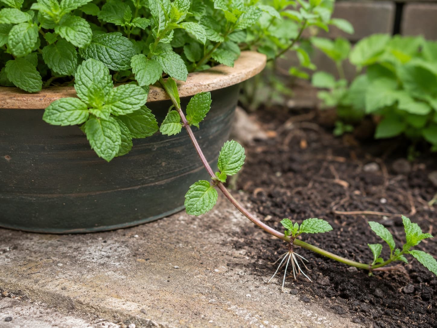 Mint runner spreading beyond a container with new roots forming along the stem.
