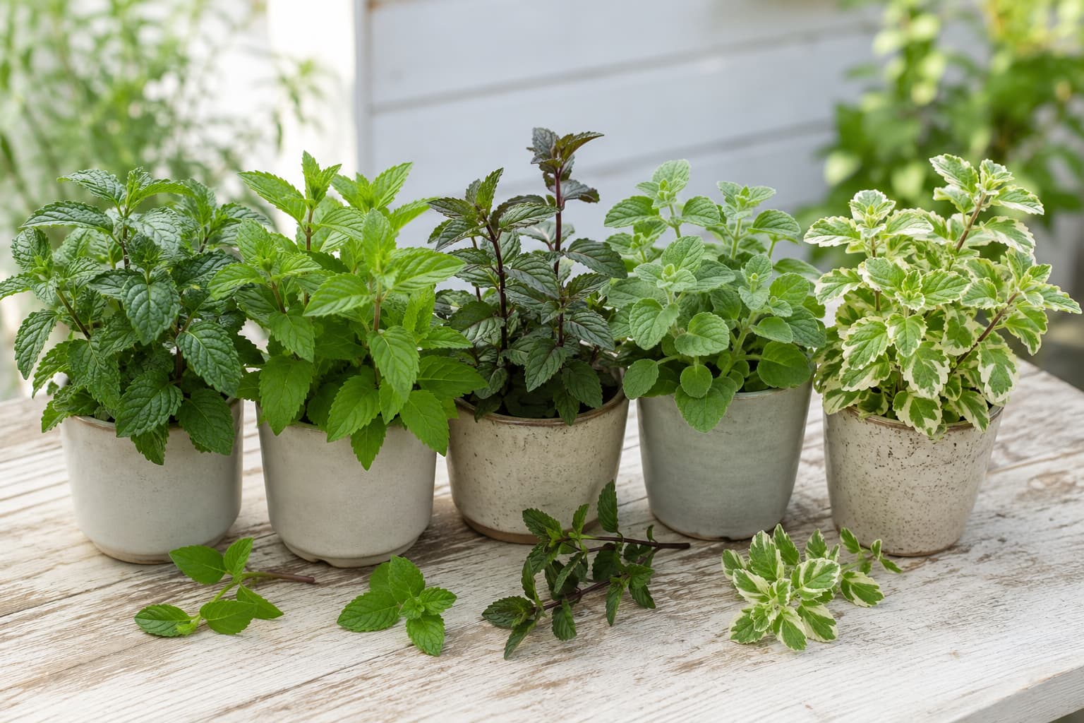 Peppermint, spearmint, chocolate mint, apple mint, and pineapple mint arranged side by side in small pots for comparison.