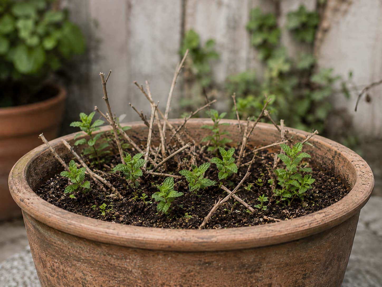 Container-grown mint with dormant winter stems beside fresh spring shoots returning from the base.
