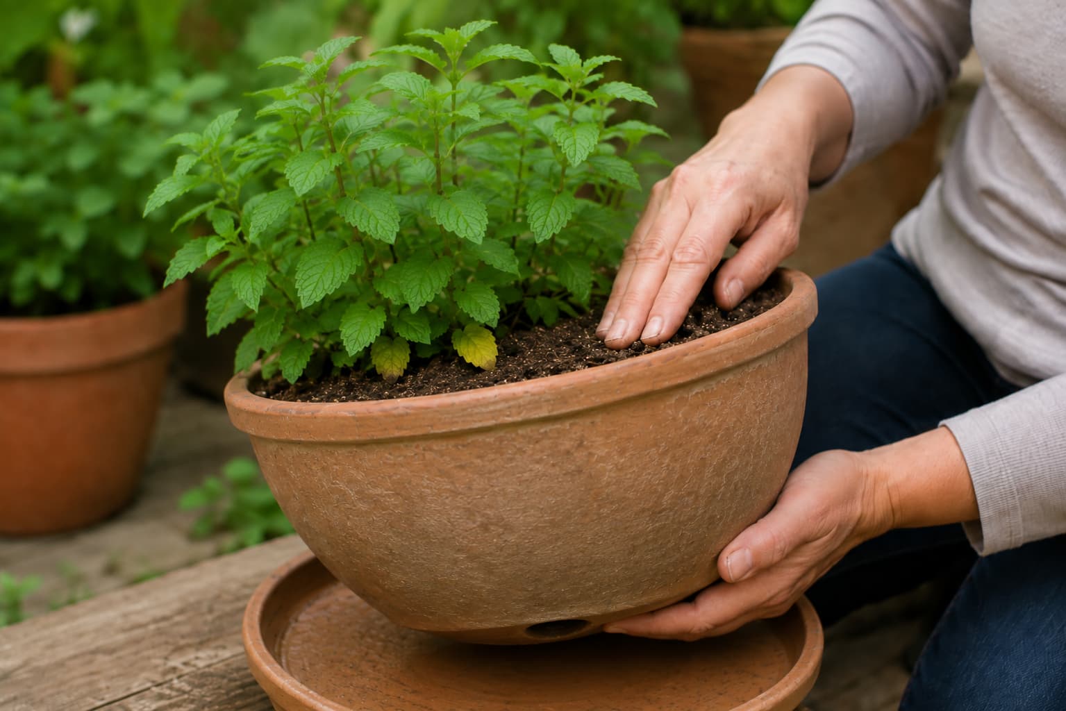 Potted mint showing a few yellow lower leaves while a gardener checks soil moisture and drainage.