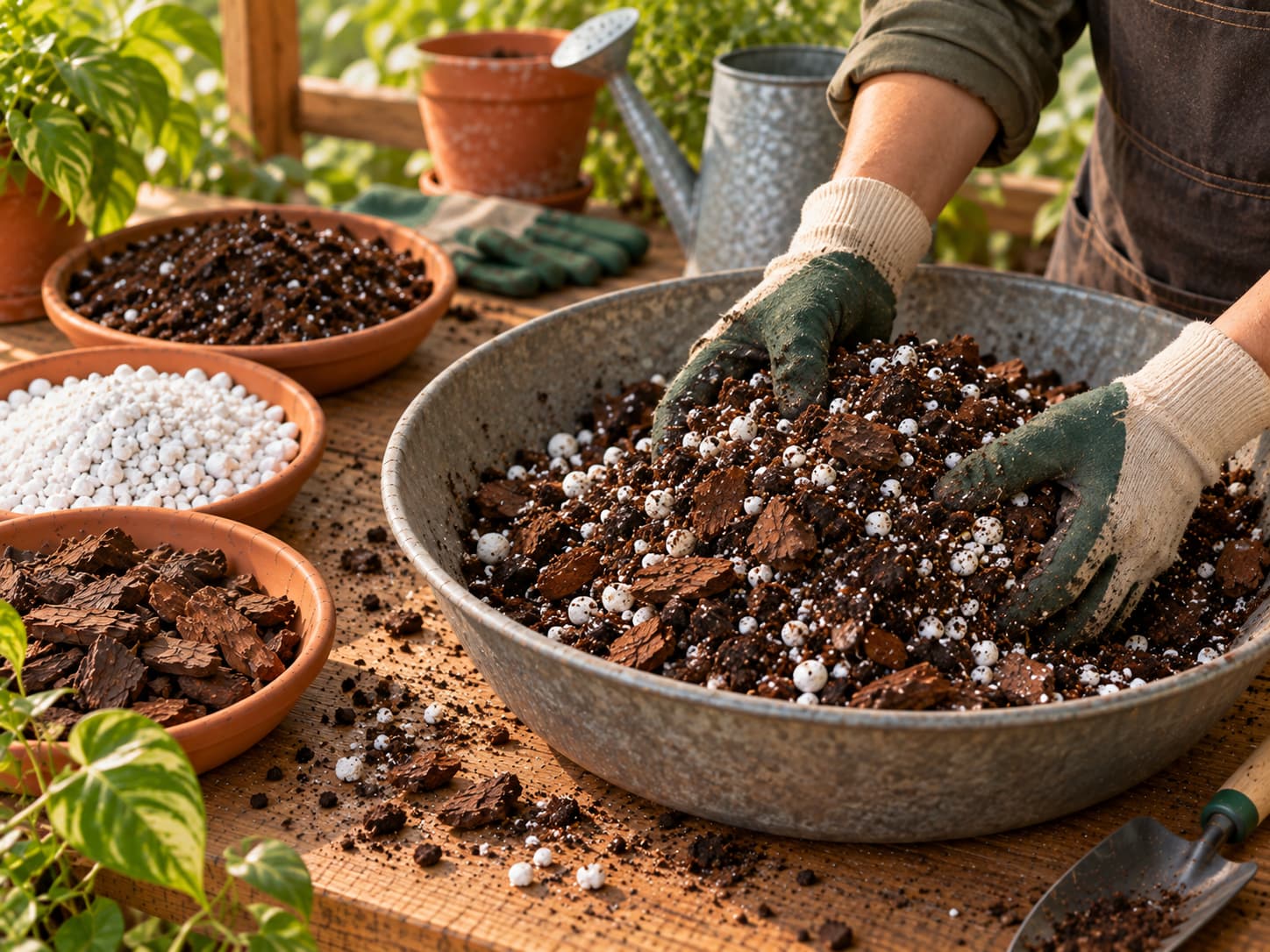 A gardener combining equal volumes of potting mix, coarse perlite, and orchid bark in a large container to make a chunky aroid mix.