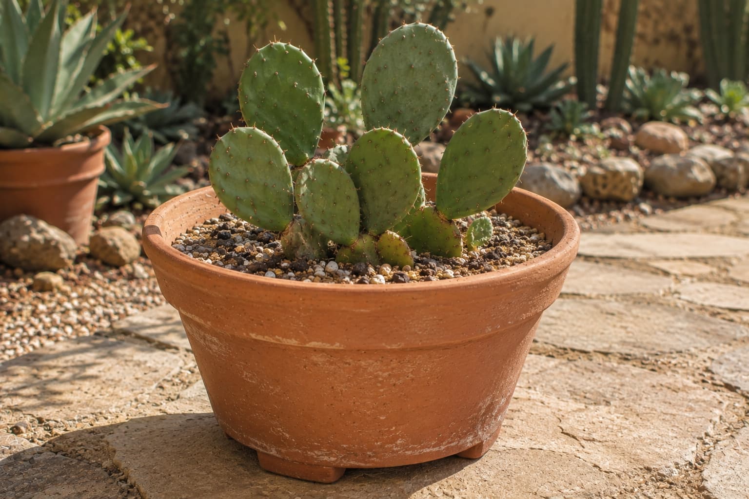 Prickly pear cactus in a terracotta pot with a drainage hole and a coarse, free-draining cactus mix containing mineral particles.
