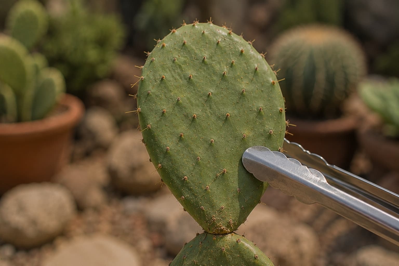 Close natural view of prickly pear areoles with tiny glochids while long metal tongs hold the pad safely away from bare skin.