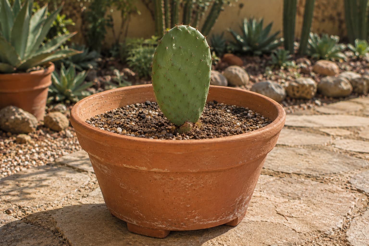 Mature prickly pear pad cutting with a dry callused base being planted shallowly upright in free-draining cactus mix.
