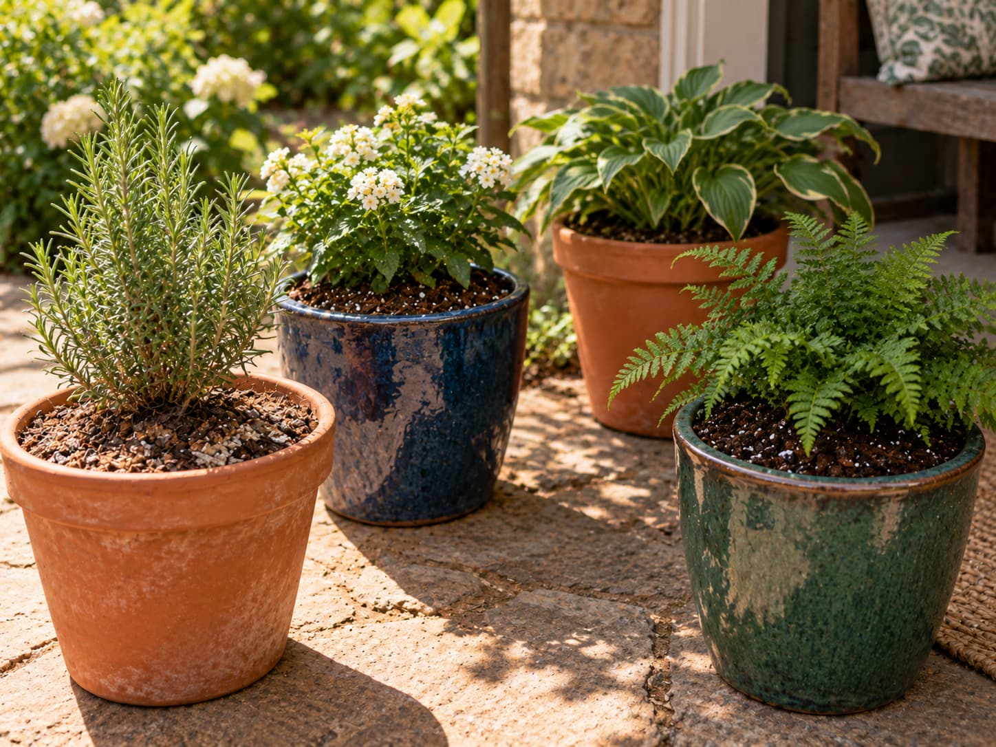 Outdoor container plants in sun and shade using terracotta and glazed pots to show different dry-down conditions.