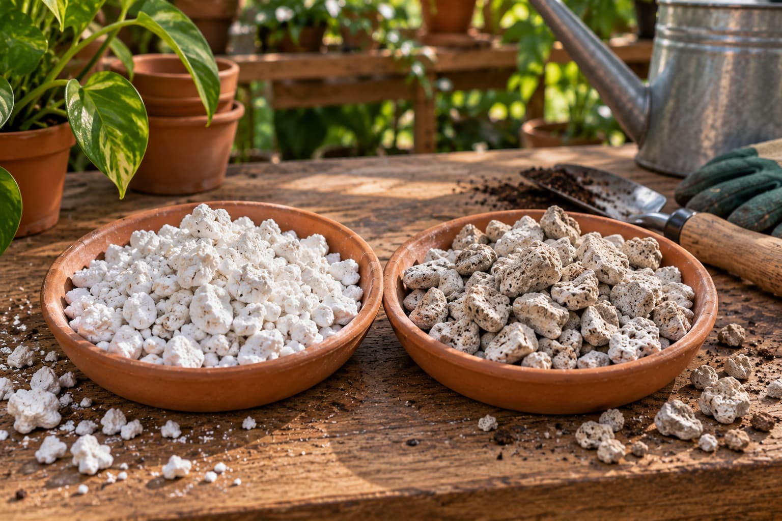 Close comparison of coarse white perlite and natural pumice used as mineral aeration amendments in houseplant potting mixes.