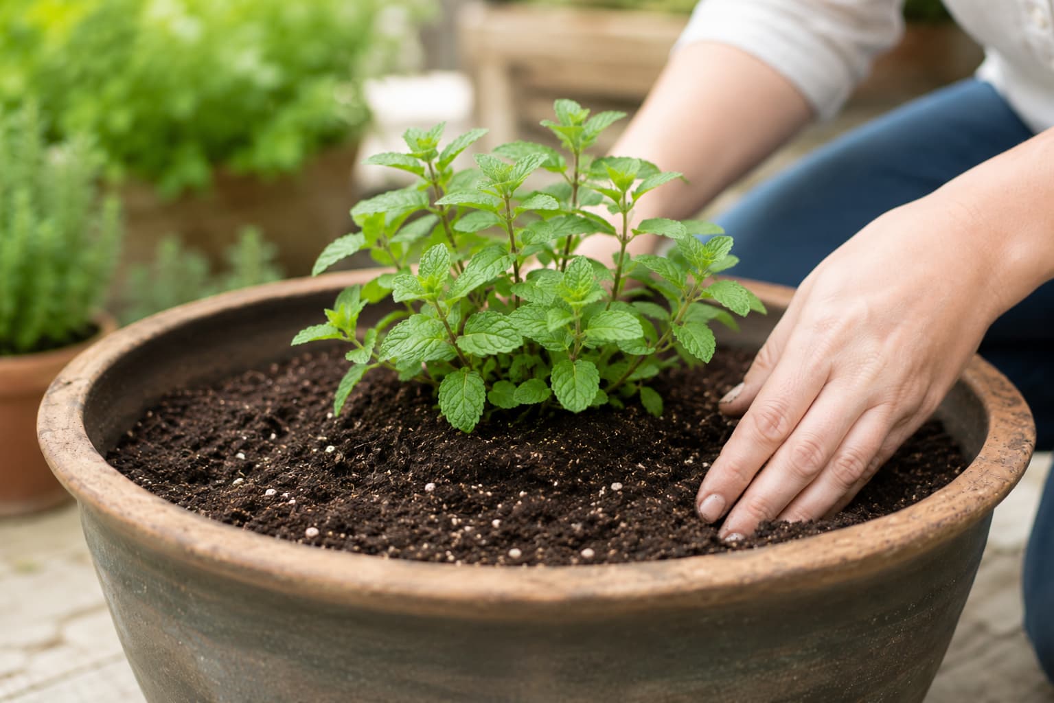 Mint being planted at the same depth in a wide container filled with fresh potting mix.