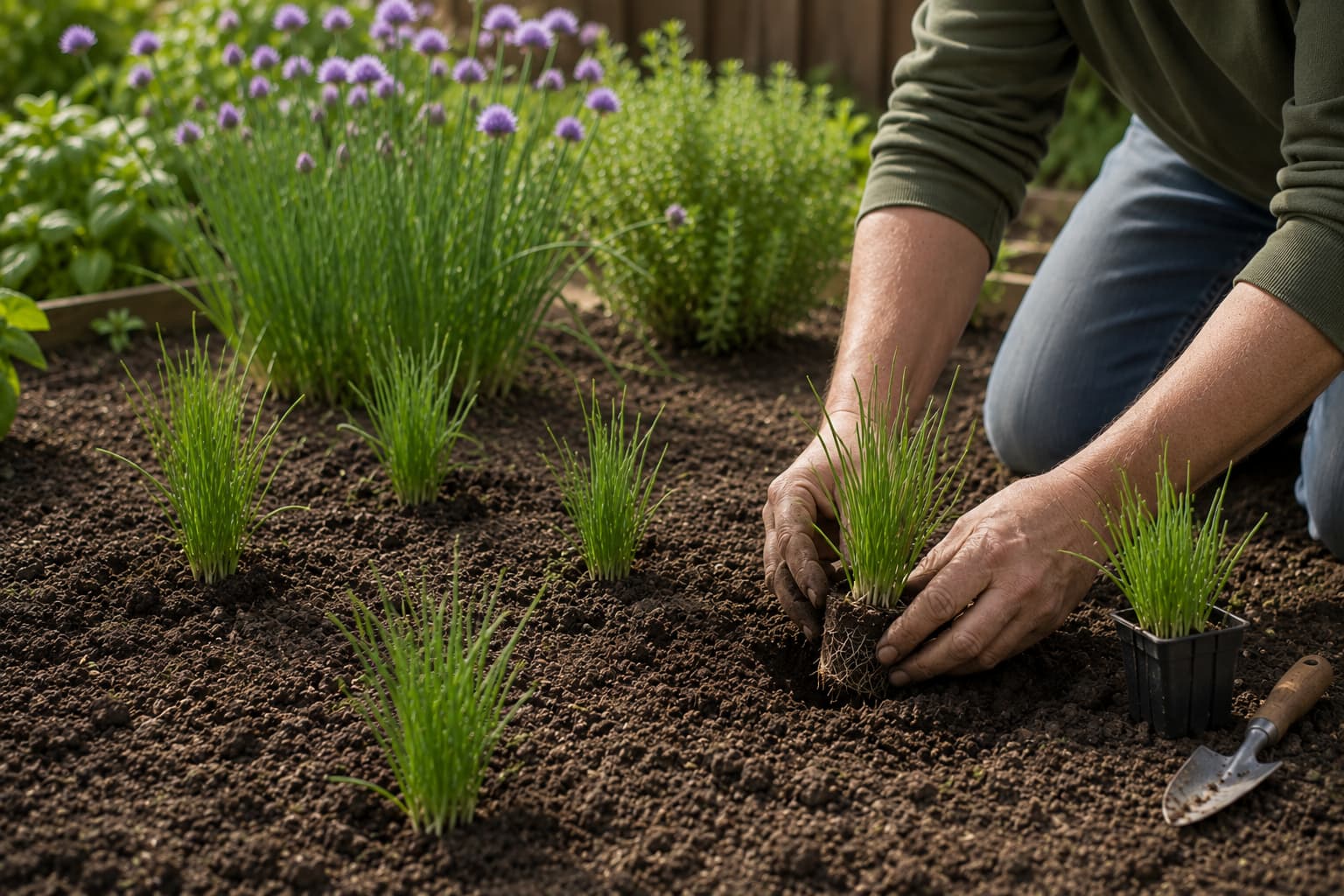 Young chive clumps being planted with space between them in a prepared herb bed with well-drained soil.