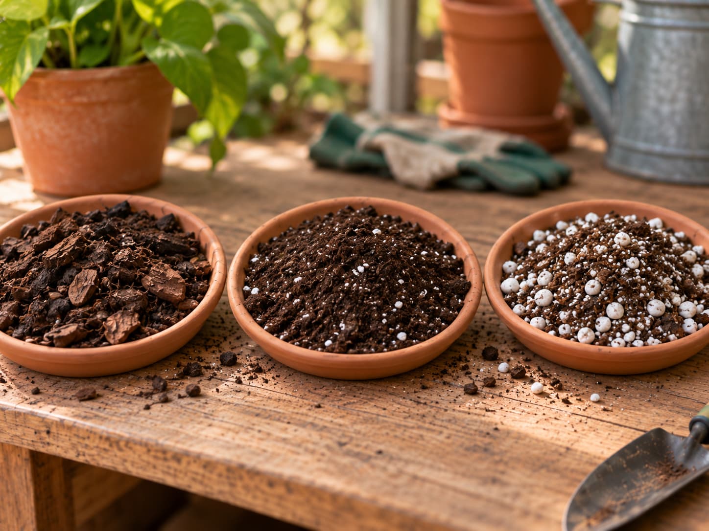 Close view of three growing media samples showing different amounts of bark, peat, and perlite in separate trays.