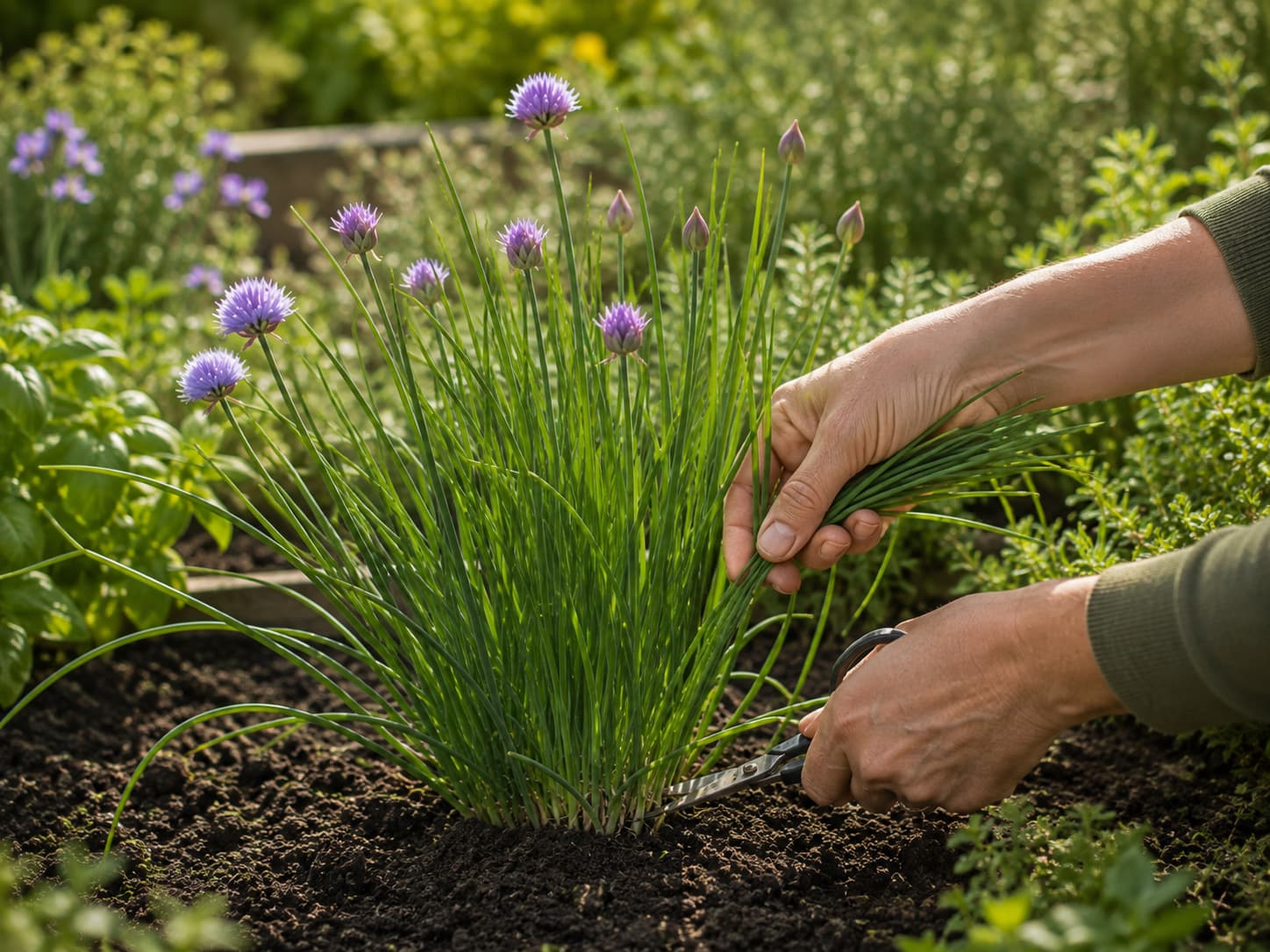 Gardener cutting chive leaves cleanly just above the base with scissors while leaving the crown intact.