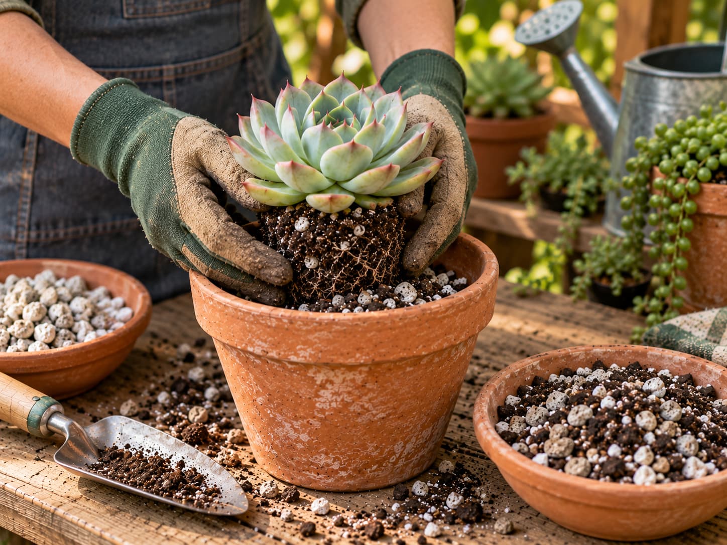 A gardener repotting an Echeveria into a terracotta pot filled with a porous succulent mix containing potting medium, pumice, and coarse grit.